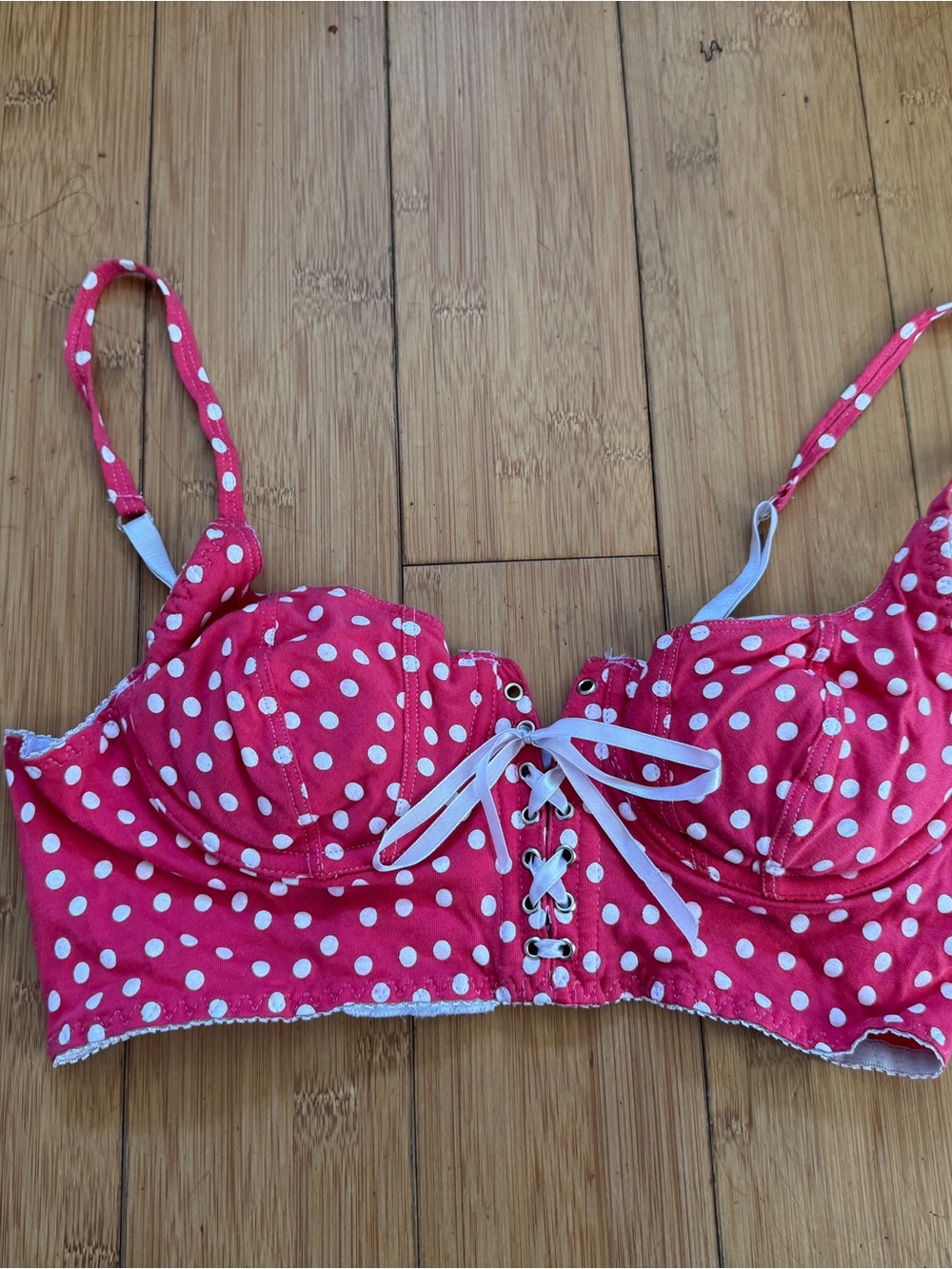 Vintage Victoria's Secret Cotton bustier pink polka dots lace-up Y2K